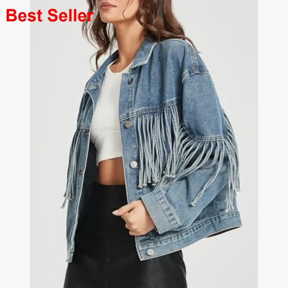 Oversized Denim Jacket with Fringe Tassel Long Sleeve Western Style - Picture 3 of 6